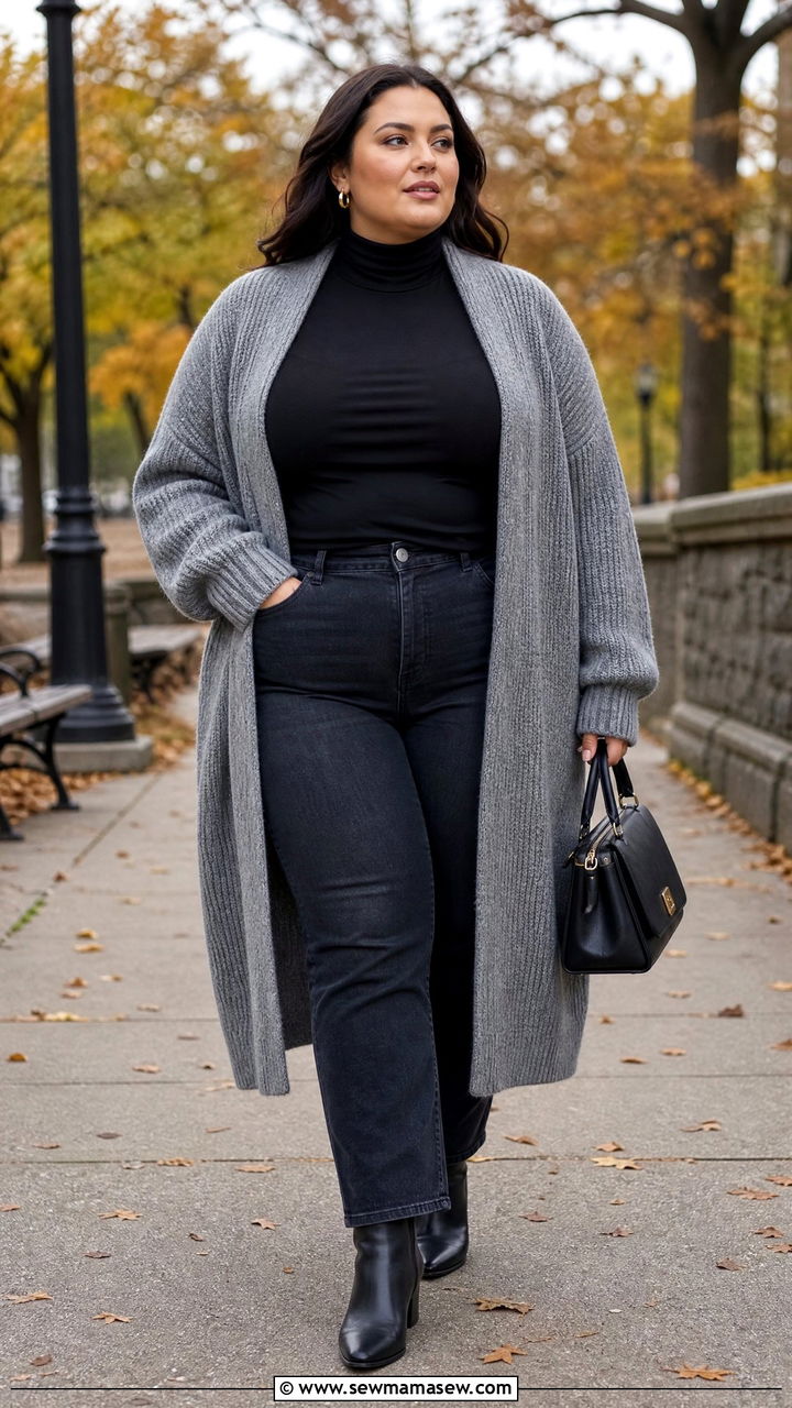 Plus Size Oversized Cardigan With A Turtleneck - 20 plus size oversized cardigan outfit ideas