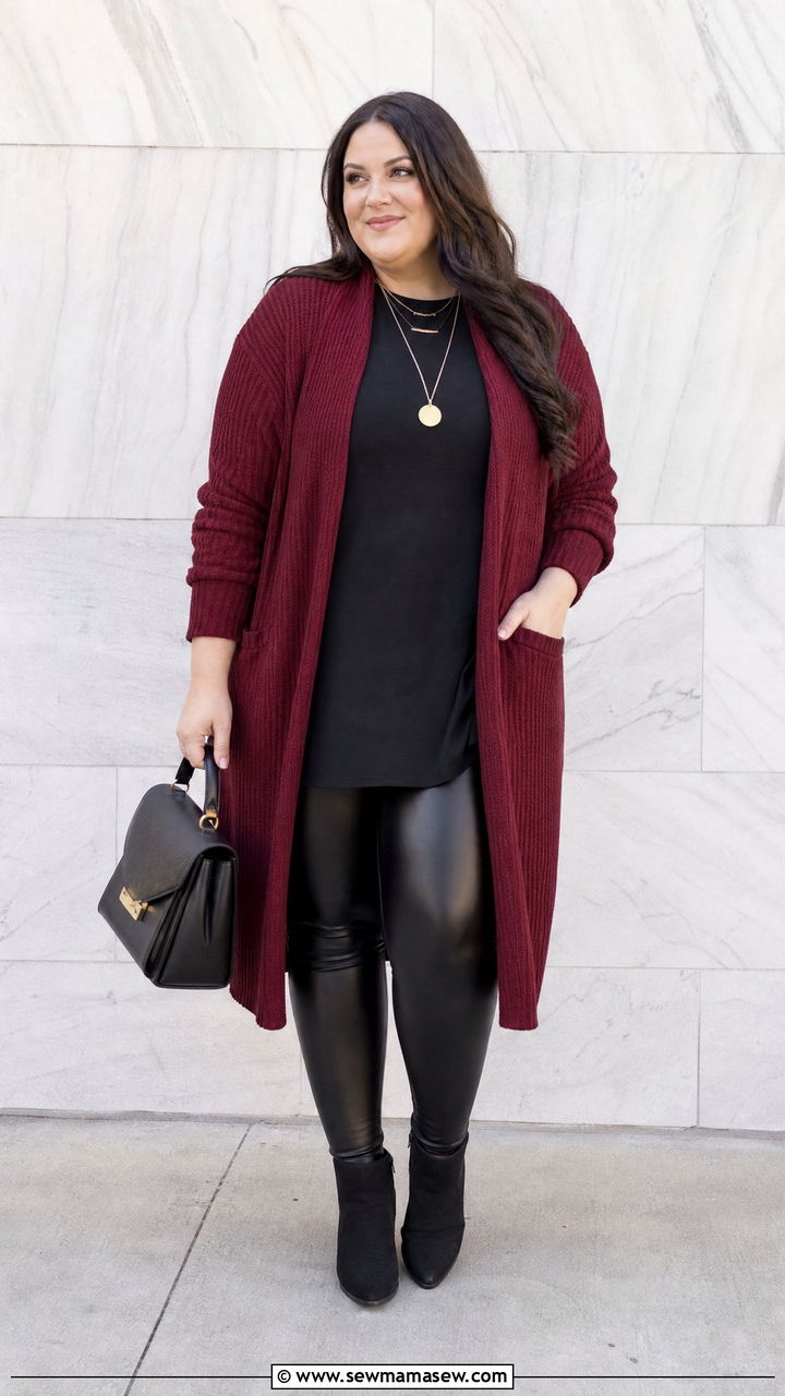 Plus Size Oversized Cardigan With Faux Leather Leggings - 20 plus size oversized cardigan outfit ideas