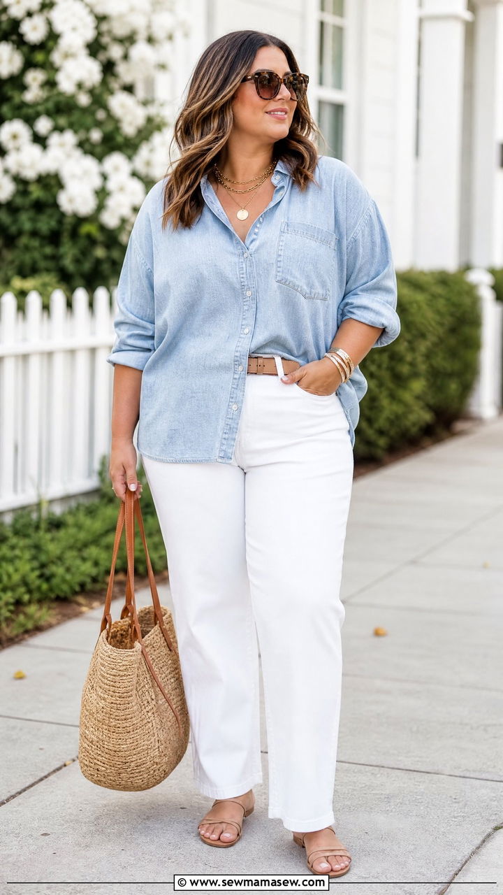 Plus Size Oversized Chambray Shirt With White Jeans - 20 plus size oversized shirt outfit ideas