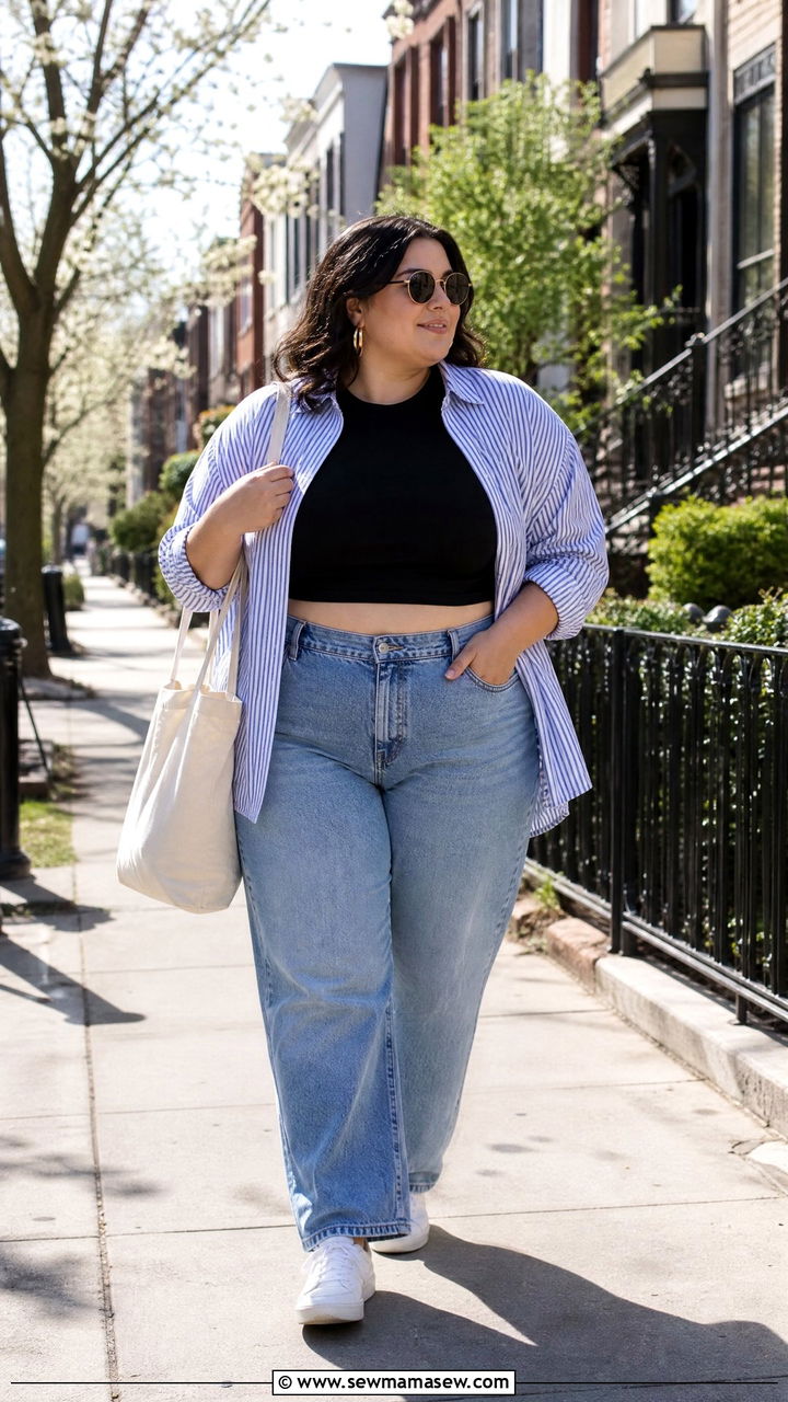 Plus Size Oversized Crop Top With Button Down Shirt - 20 plus size oversized crop top outfit ideas