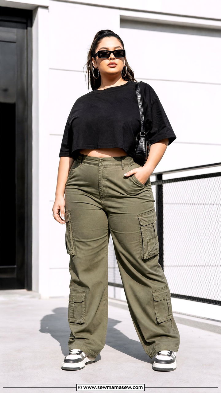 Plus Size Oversized Crop Top With Cargo Pants - 20 plus size oversized crop top outfit ideas
