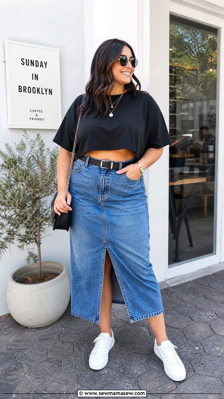 Plus Size Oversized Crop Top With Denim Skirt - 20 plus size oversized crop top outfit ideas