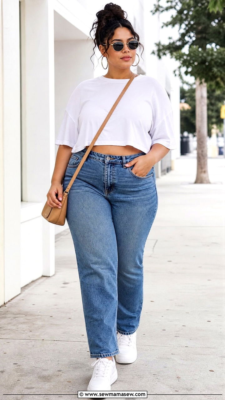 Plus Size Oversized Crop Top With High Waisted Jeans - 20 plus size oversized crop top outfit ideas