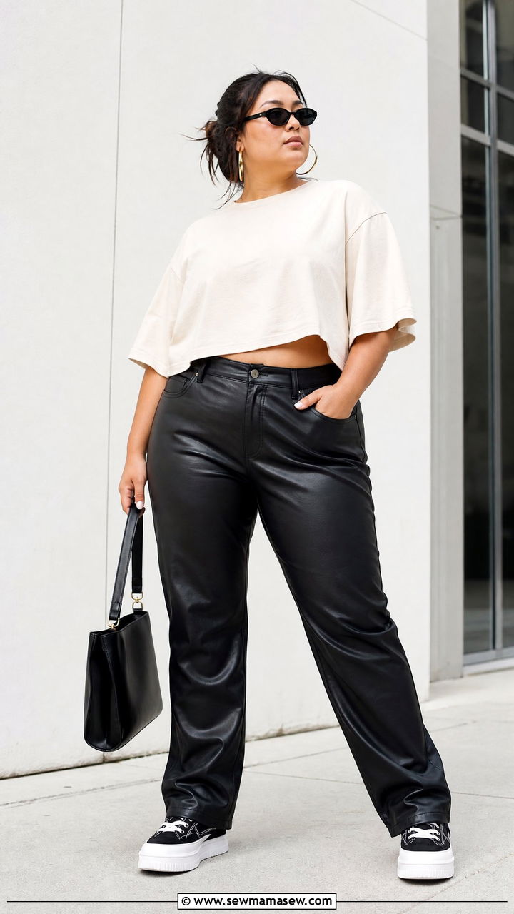 Plus Size Oversized Crop Top With Leather Pants - 20 plus size oversized crop top outfit ideas