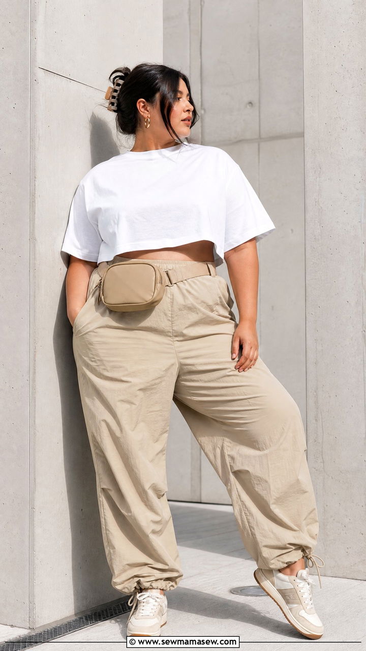 Plus Size Oversized Crop Top With Parachute Pants - 20 plus size oversized crop top outfit ideas