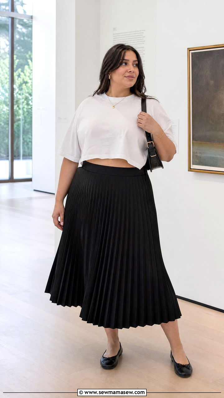 Plus Size Oversized Crop Top With Pleated Skirt - 20 plus size oversized crop top outfit ideas