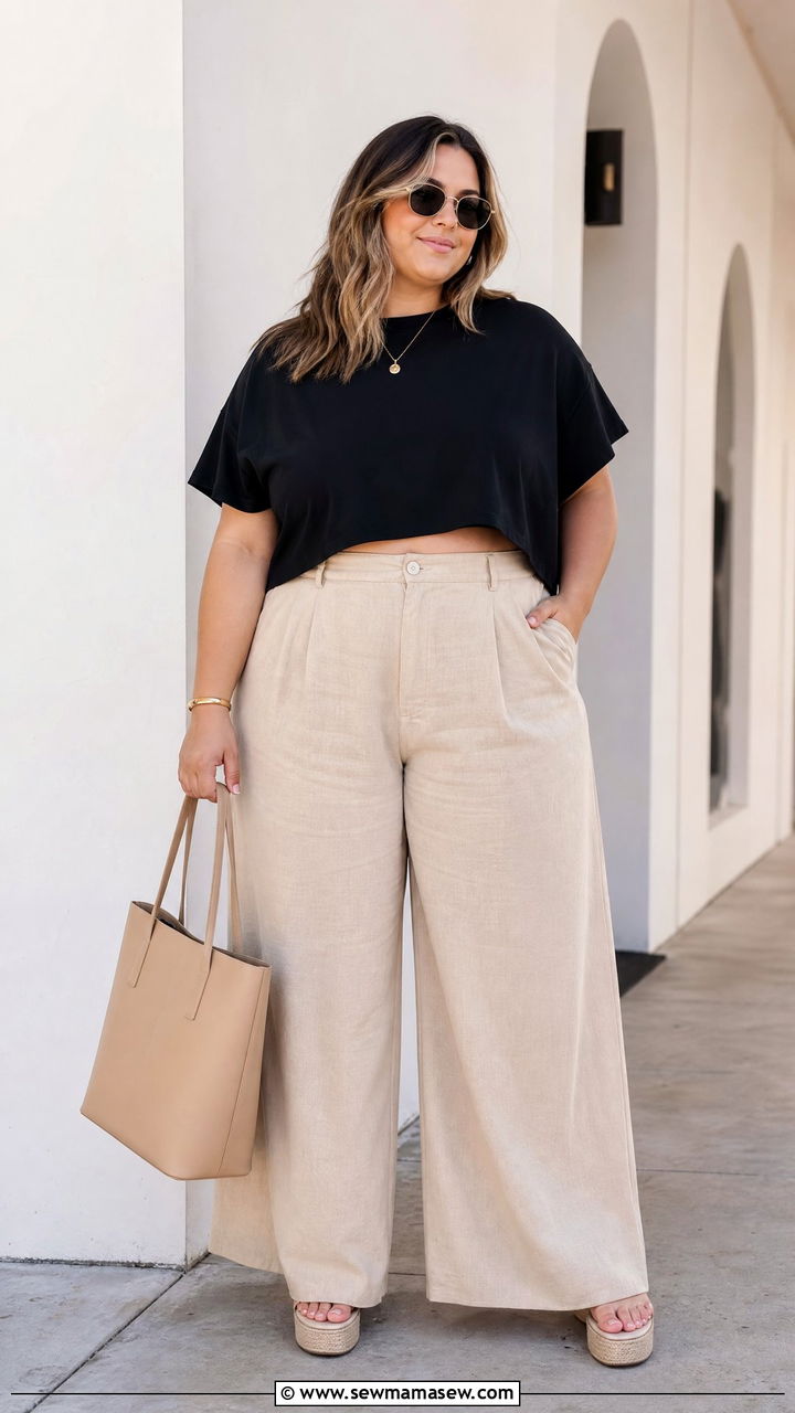 Plus Size Oversized Crop Top With Wide Leg Pants - 20 plus size oversized crop top outfit ideas