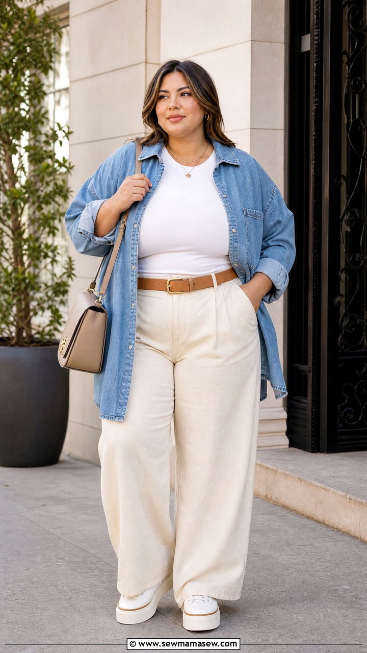 Plus Size Oversized Denim Shirt With Wide Leg Pants - 20 plus size oversized shirt outfit ideas
