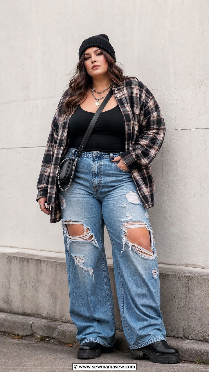 Plus Size Oversized Flannel Shirt Outfit - 20 plus size streetwear top outfit ideas