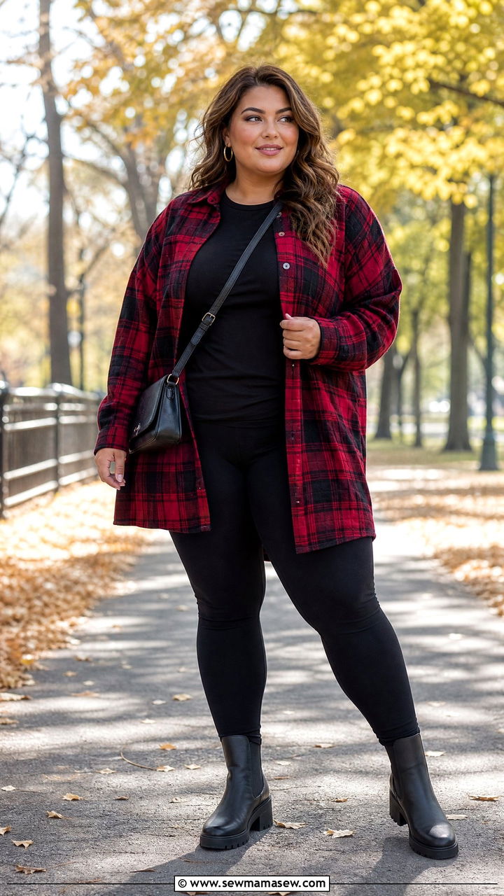 Plus Size Oversized Flannel Shirt With Leggings And Boots - 20 plus size oversized shirt outfit ideas