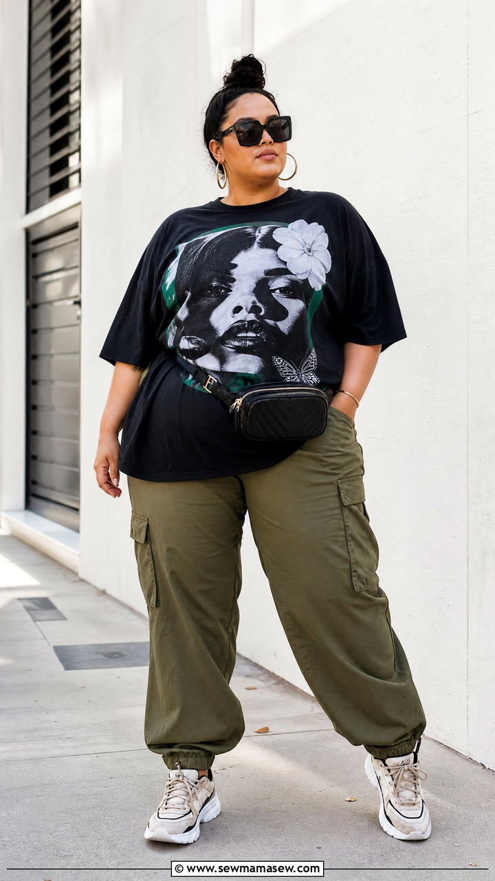 Plus Size Oversized Graphic Shirt With Cargo Pants - 20 plus size oversized shirt outfit ideas
