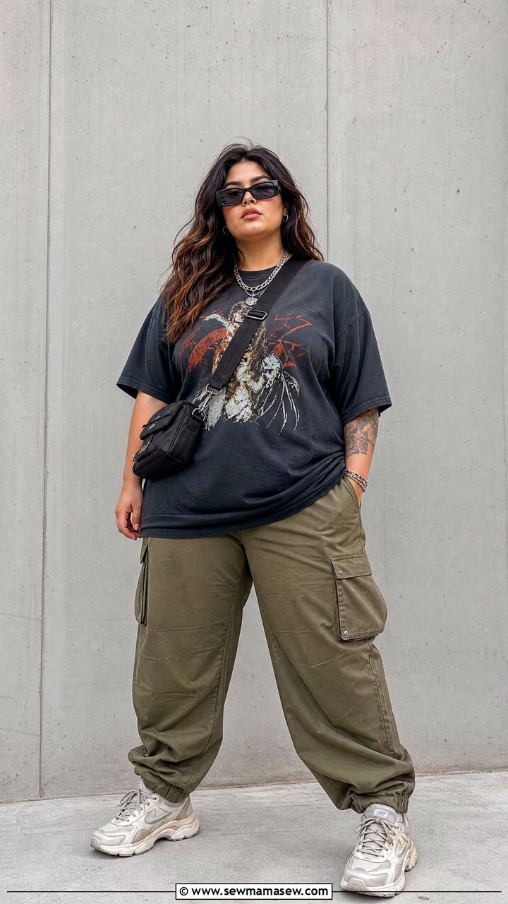 Plus Size Oversized Graphic T Shirt With Cargo Pants - 20 plus size oversized t shirt outfit ideas