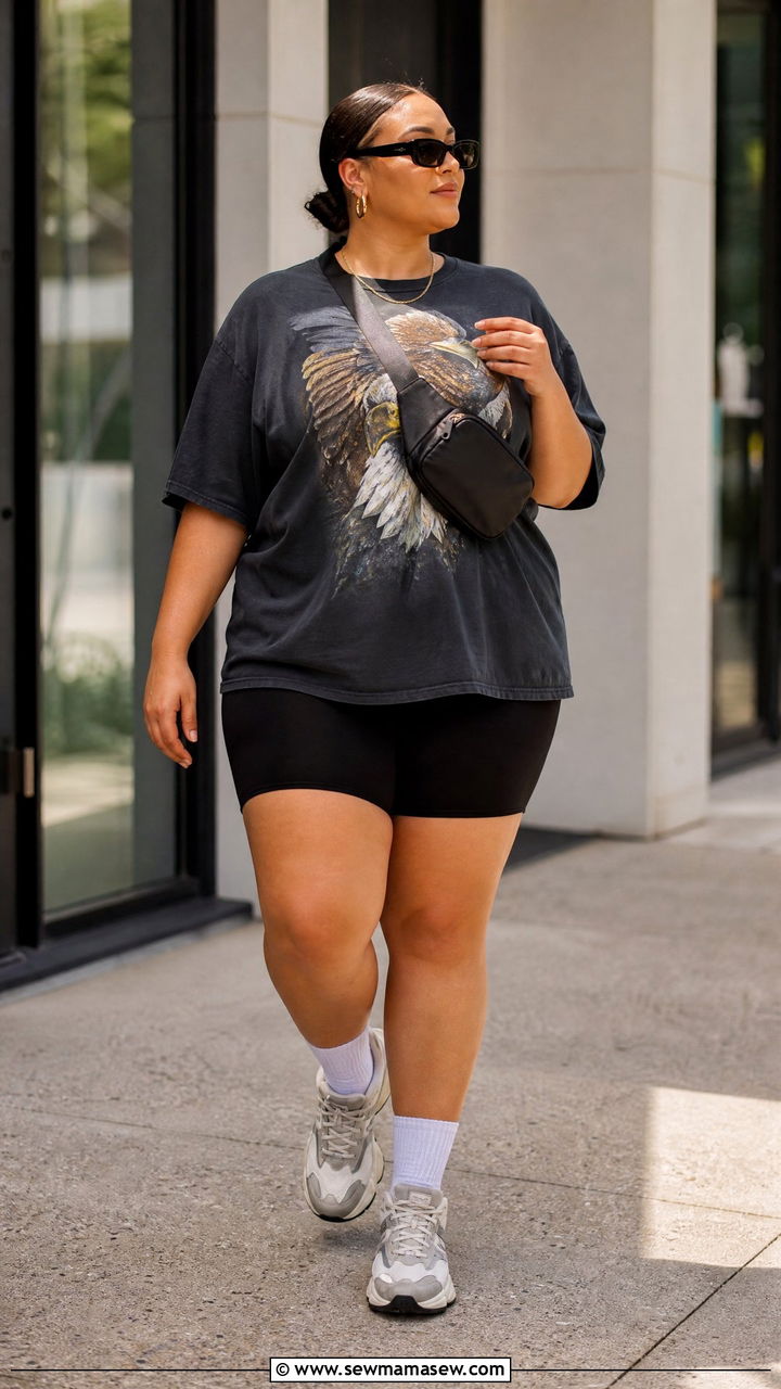 Plus Size Oversized Graphic Tee With Biker Shorts - 20 plus size graphic tee outfit ideas