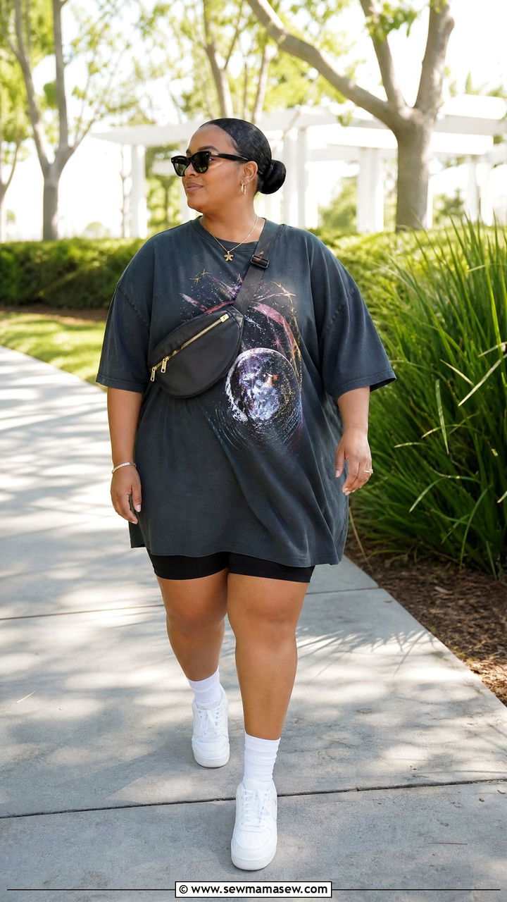 Plus Size Oversized Graphic Tunic With Biker Shorts - 20 plus size oversized tunic outfit ideas