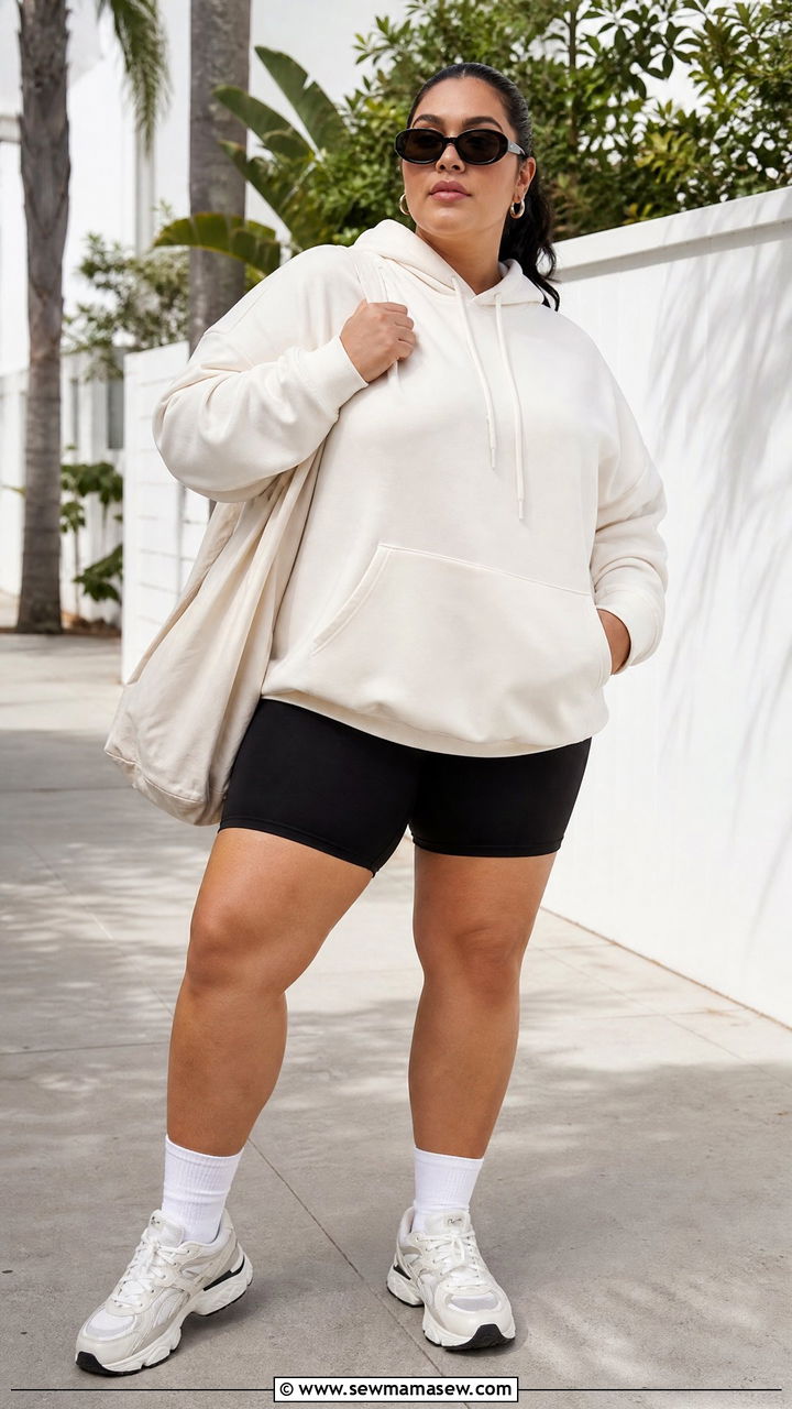 Plus Size Oversized Hoodie With Biker Shorts - 20 plus size hoodie outfit ideas