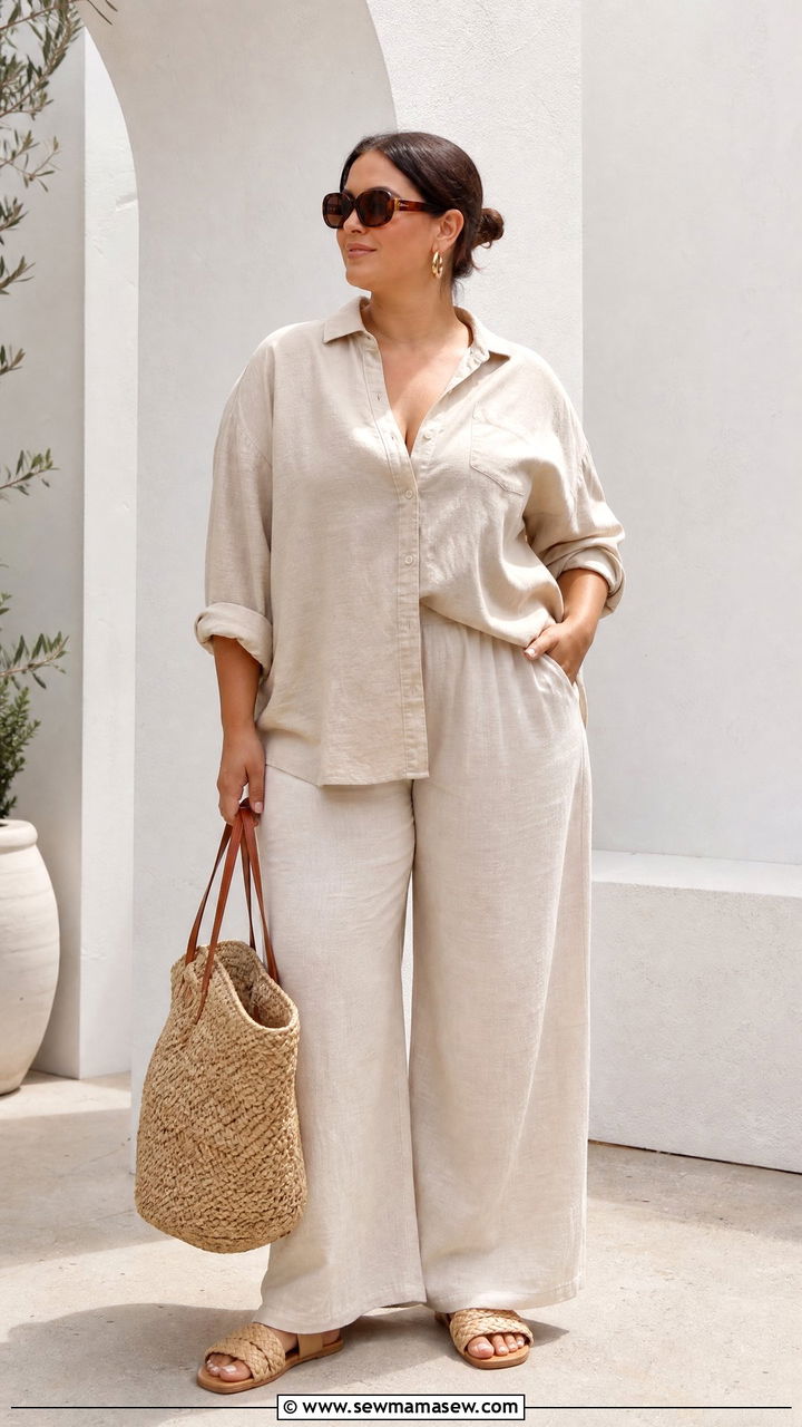 Plus Size Oversized Linen Shirt With Pull On Pants - 20 plus size oversized shirt outfit ideas