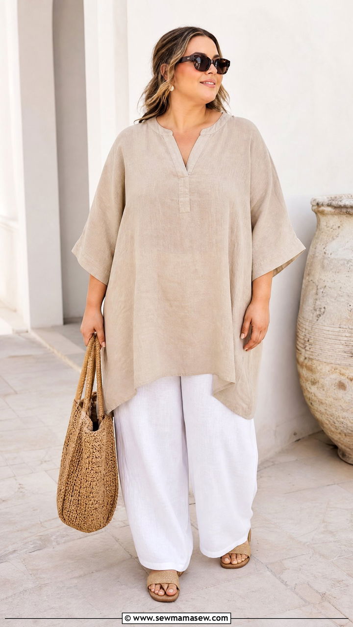 Plus Size Oversized Linen Tunic With Wide Leg Pants - 20 plus size oversized tunic outfit ideas
