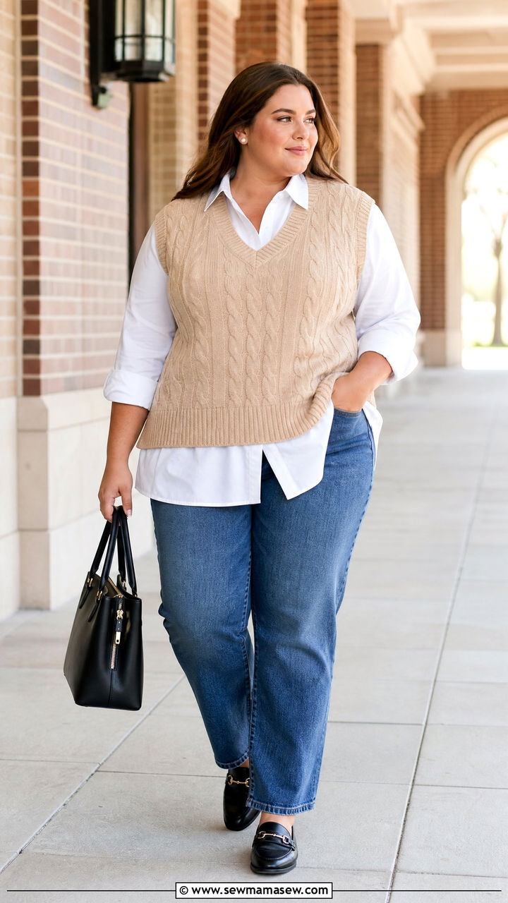 Plus Size Oversized Oxford Shirt With A Sweater Vest - 20 plus size oversized shirt outfit ideas