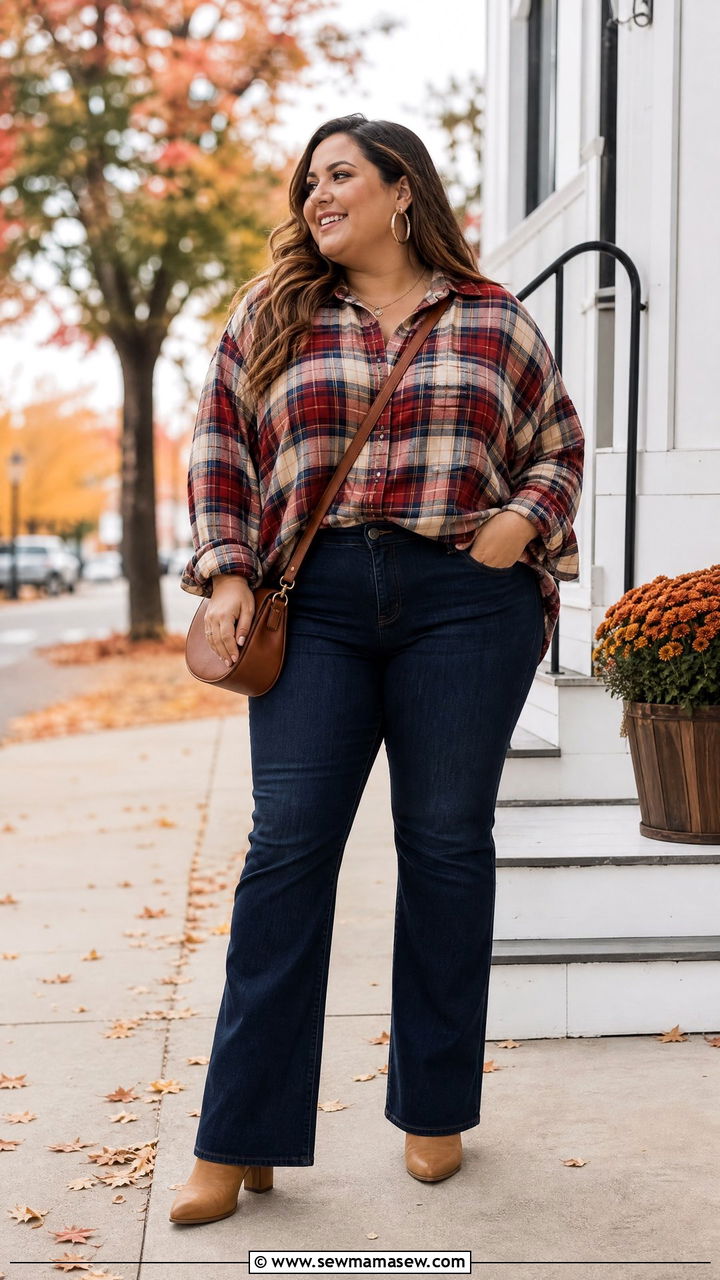 Plus Size Oversized Plaid Shirt With Flare Jeans - 20 plus size oversized shirt outfit ideas