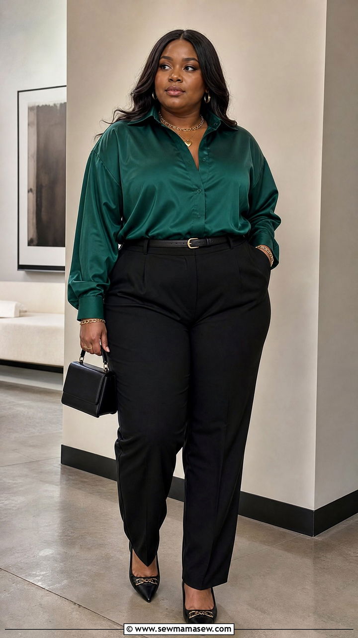 Plus Size Oversized Satin Shirt With Black Pants - 20 plus size oversized shirt outfit ideas