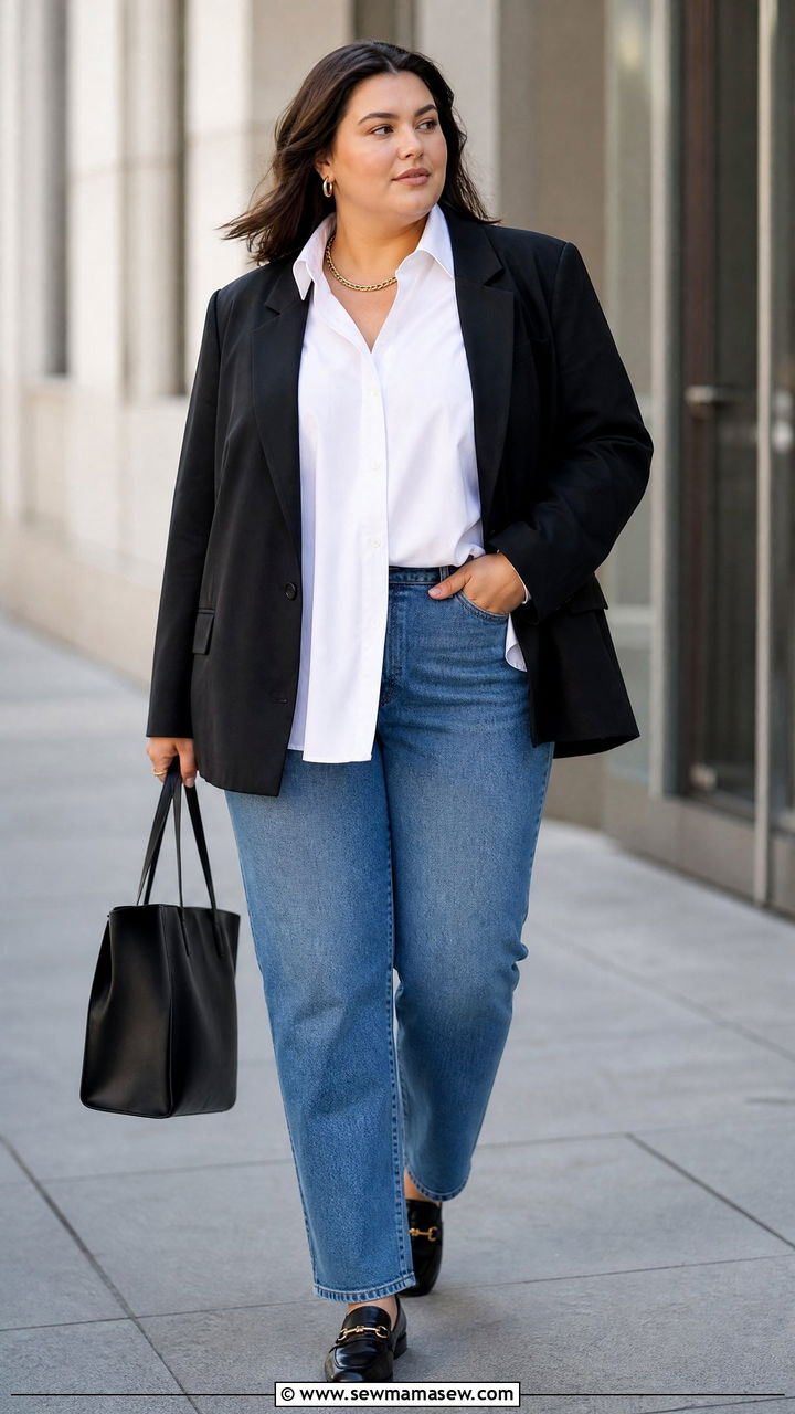Plus Size Oversized Shirt With A Blazer And Jeans - 20 plus size oversized shirt outfit ideas