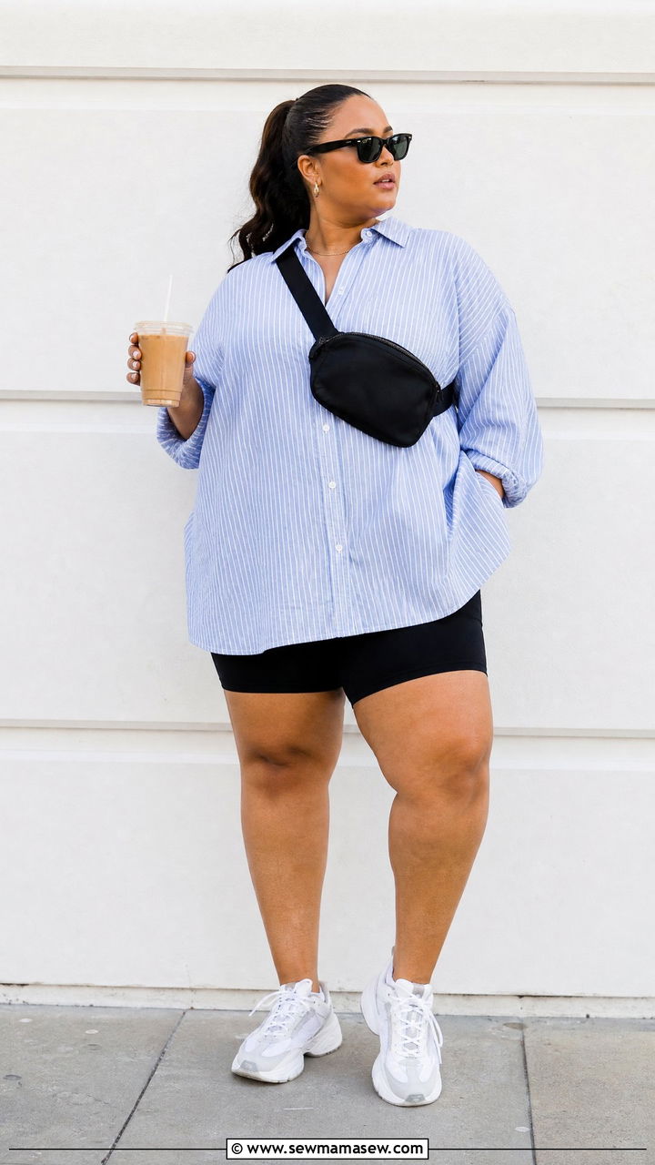 Plus Size Oversized Shirt With Biker Shorts - 20 plus size tops to hide belly outfit ideas