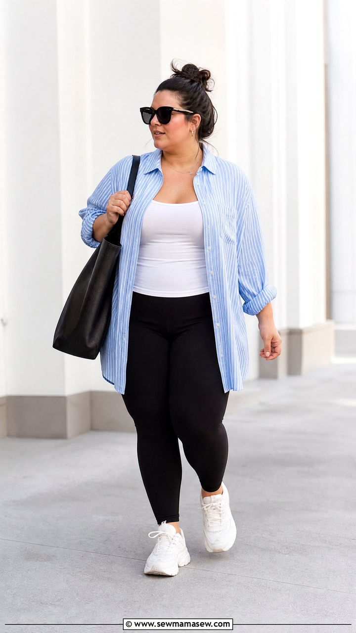 Plus Size Oversized Striped Shirt With Black Leggings - 20 plus size oversized shirt outfit ideas