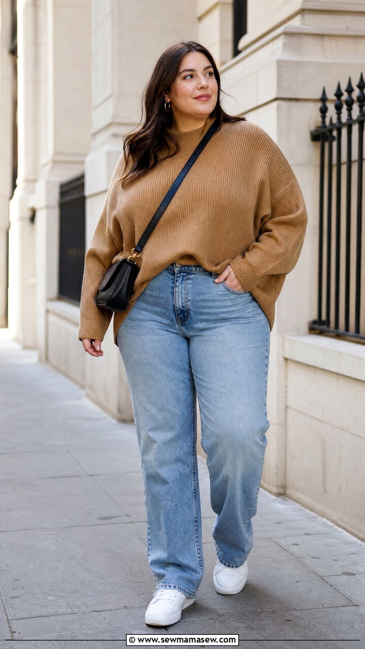 Plus Size Oversized Sweater And Straight Jeans Outfit - 20 plus size lazy day outfit ideas