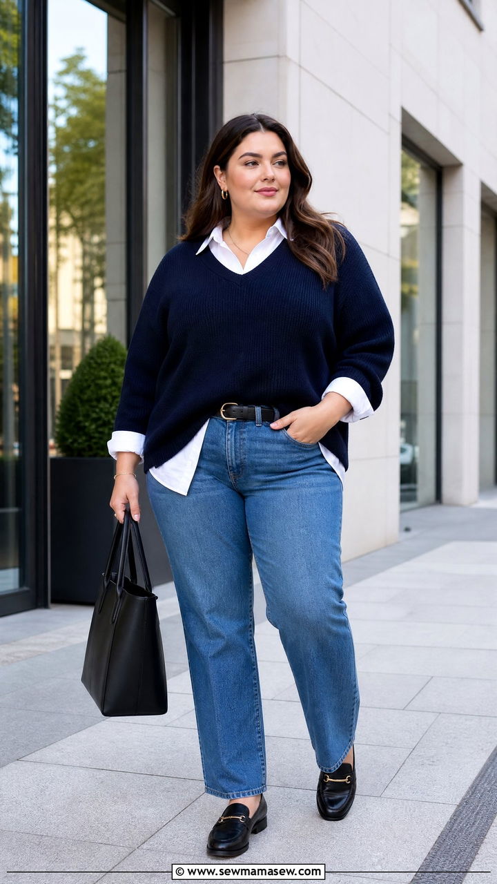 Plus Size Oversized Sweater With Button Down Shirt - 20 plus size oversized sweater outfit ideas