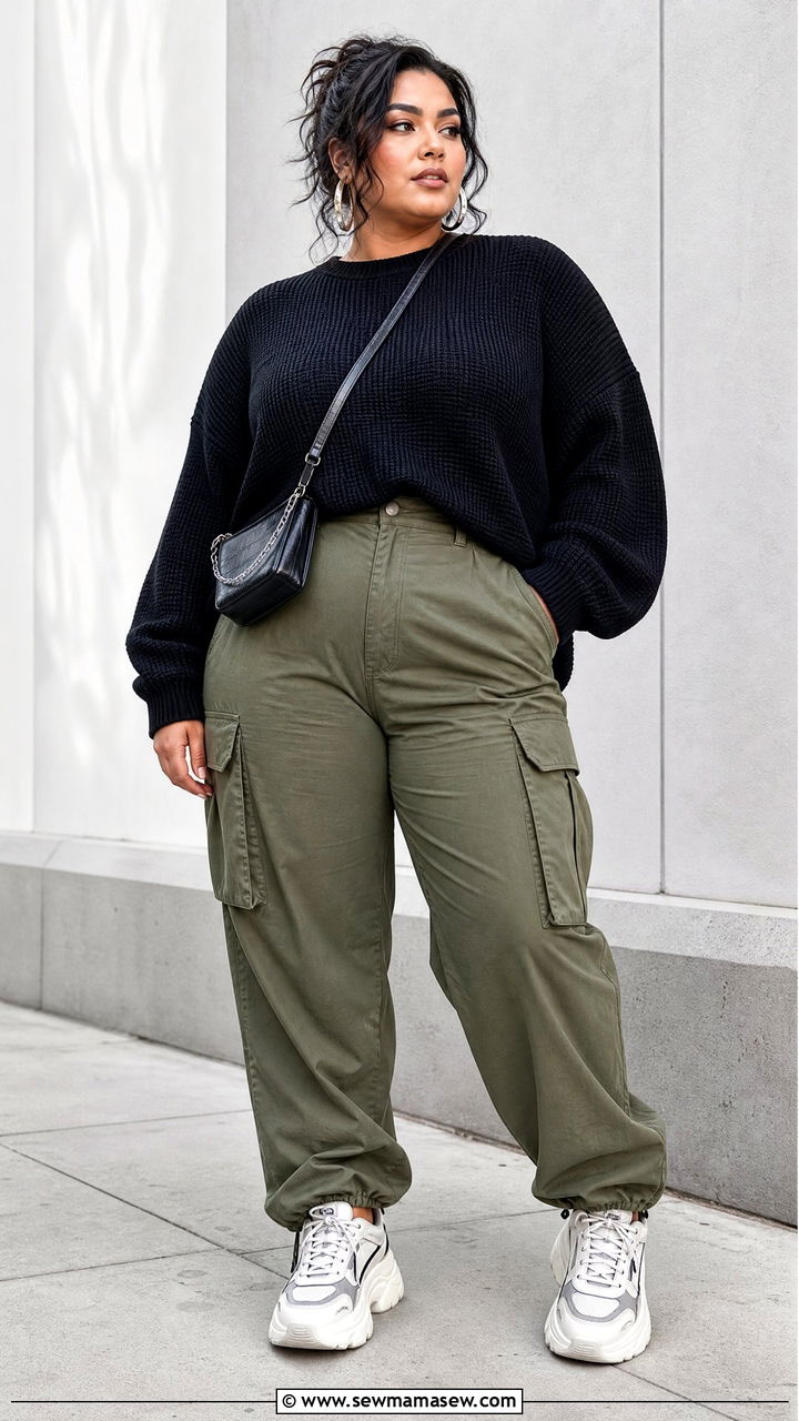 Plus Size Oversized Sweater With Cargo Pants - 20 plus size oversized sweater outfit ideas