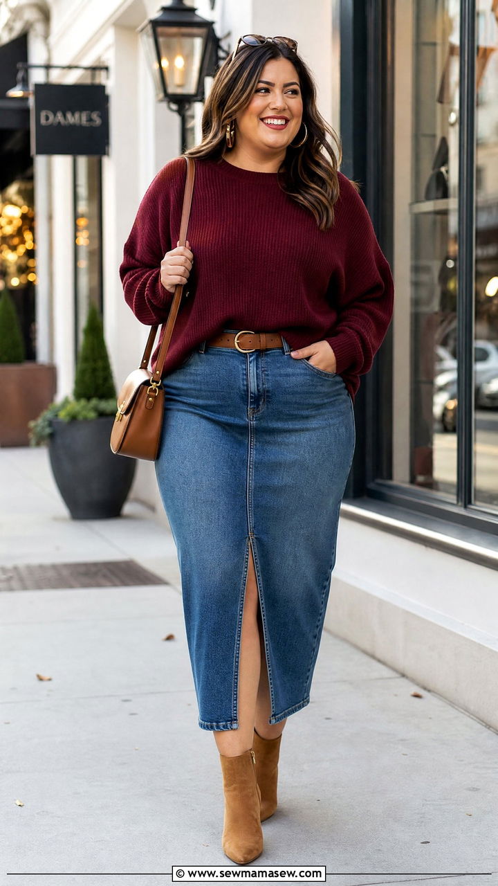 Plus Size Oversized Sweater With Denim Skirt - 20 plus size oversized sweater outfit ideas