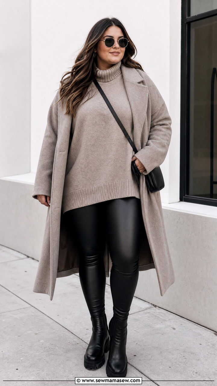 Plus Size Oversized Sweater With Faux Leather Leggings - 20 plus size sweater weather outfit ideas