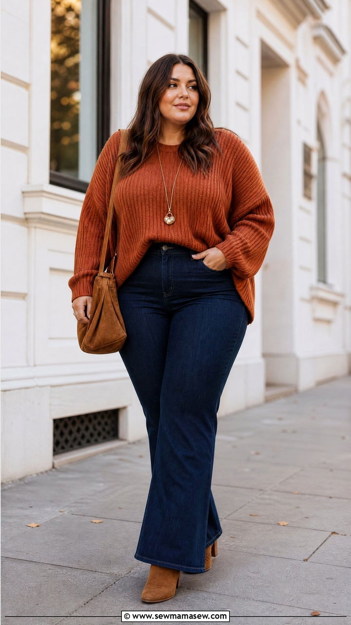 Plus Size Oversized Sweater With Flare Jeans - 20 plus size oversized sweater outfit ideas