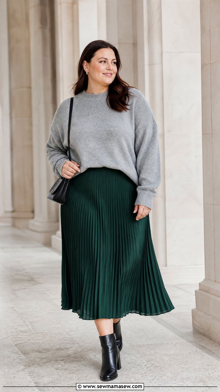 Plus Size Oversized Sweater With Pleated Skirt - 20 plus size oversized sweater outfit ideas