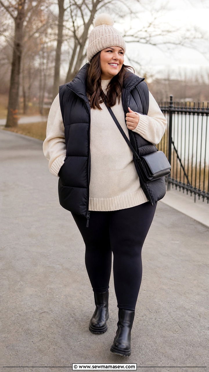 Plus Size Oversized Sweater With Puffer Vest - 20 plus size oversized sweater outfit ideas
