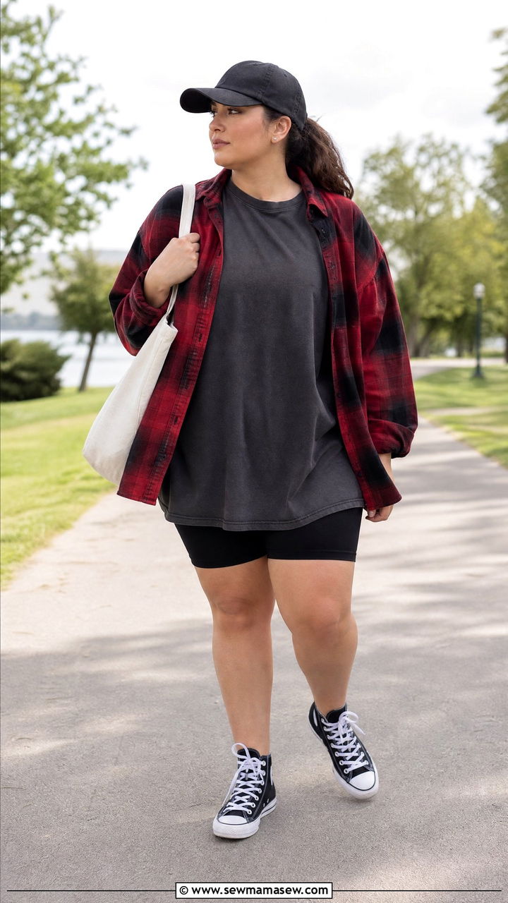 Plus Size Oversized T Shirt With Bike Shorts And Flannel - 20 plus size oversized t shirt outfit ideas