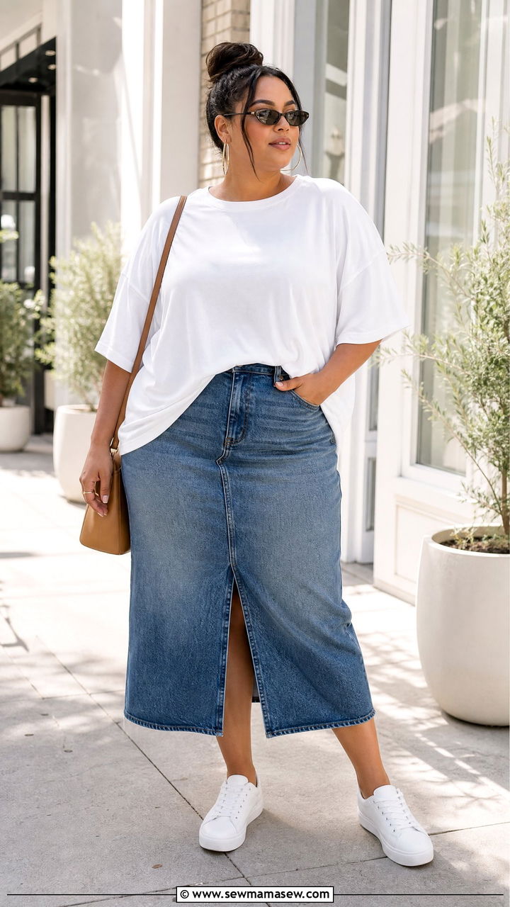 Plus Size Oversized T Shirt With Denim Skirt - 20 plus size oversized t shirt outfit ideas