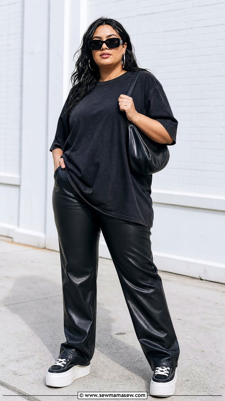 Plus Size Oversized T Shirt With Leather Pants - 20 plus size oversized t shirt outfit ideas