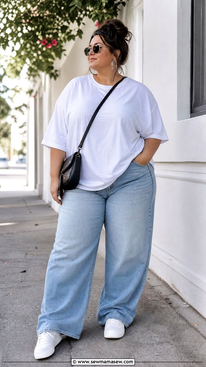 Plus Size Oversized T Shirt With Wide Leg Jeans - 20 plus size off duty top outfit ideas