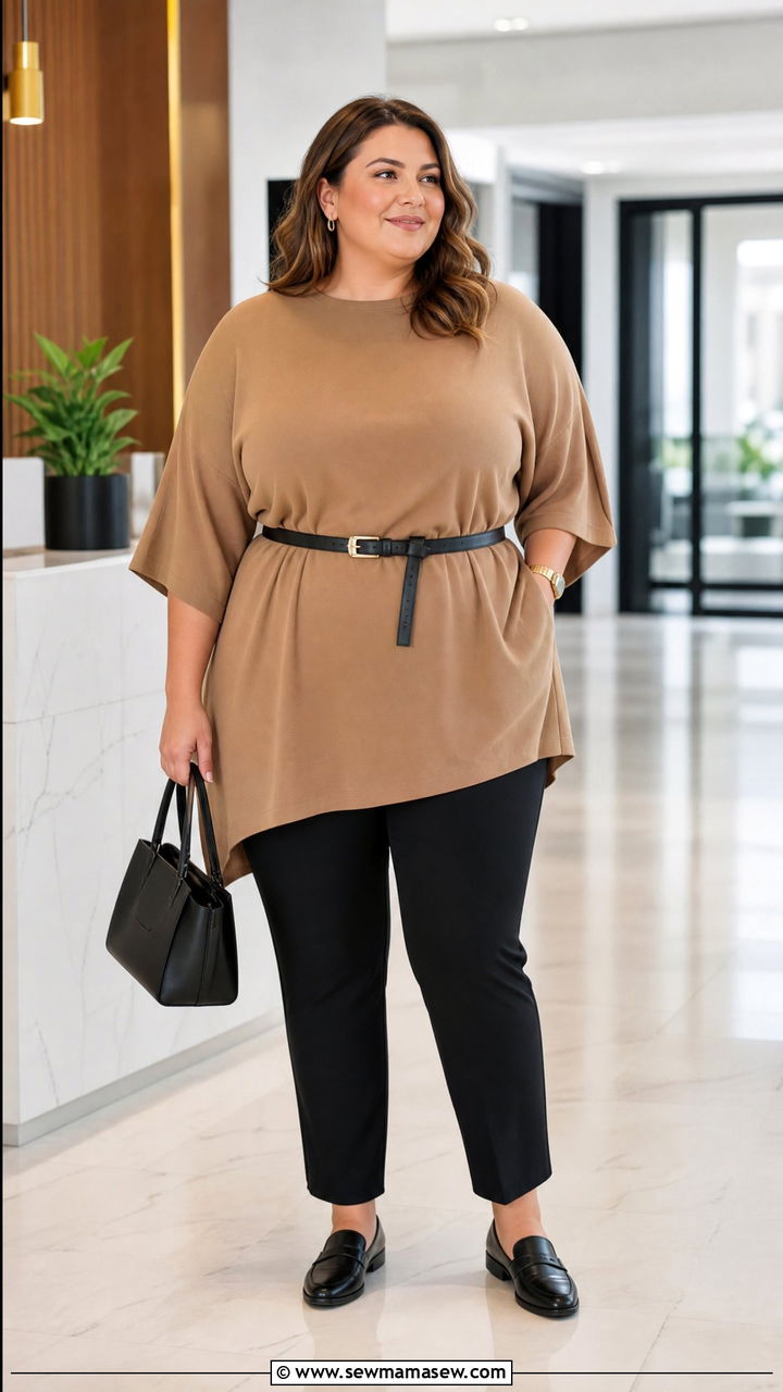 Plus Size Oversized Tunic With Belted Waist And Trousers - 20 plus size oversized tunic outfit ideas