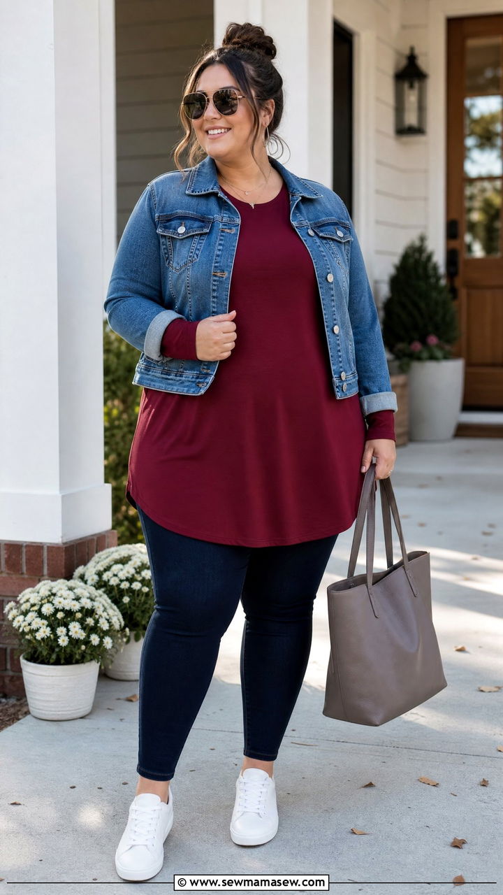 Plus Size Oversized Tunic With Denim Jacket And Jeggings - 20 plus size oversized tunic outfit ideas