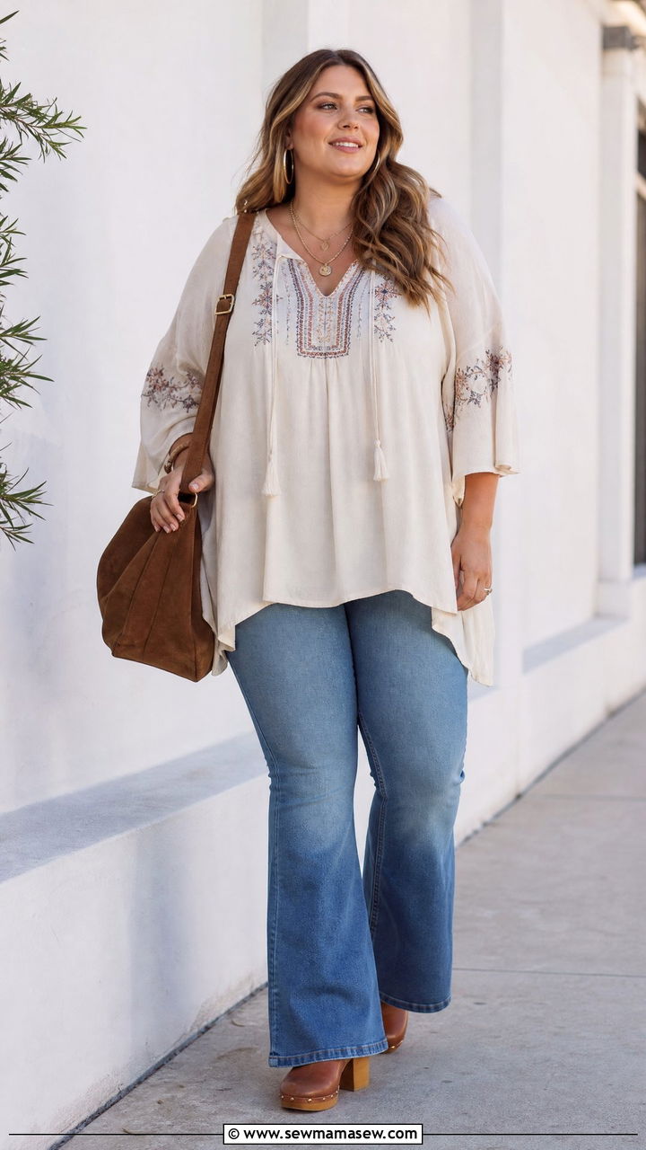 Plus Size Oversized Tunic With Flared Jeans - 20 plus size oversized tunic outfit ideas
