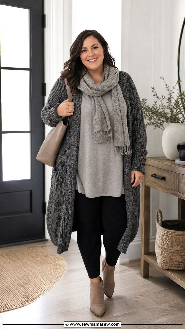 Plus Size Oversized Tunic With Long Cardigan And Leggings - 20 plus size oversized tunic outfit ideas