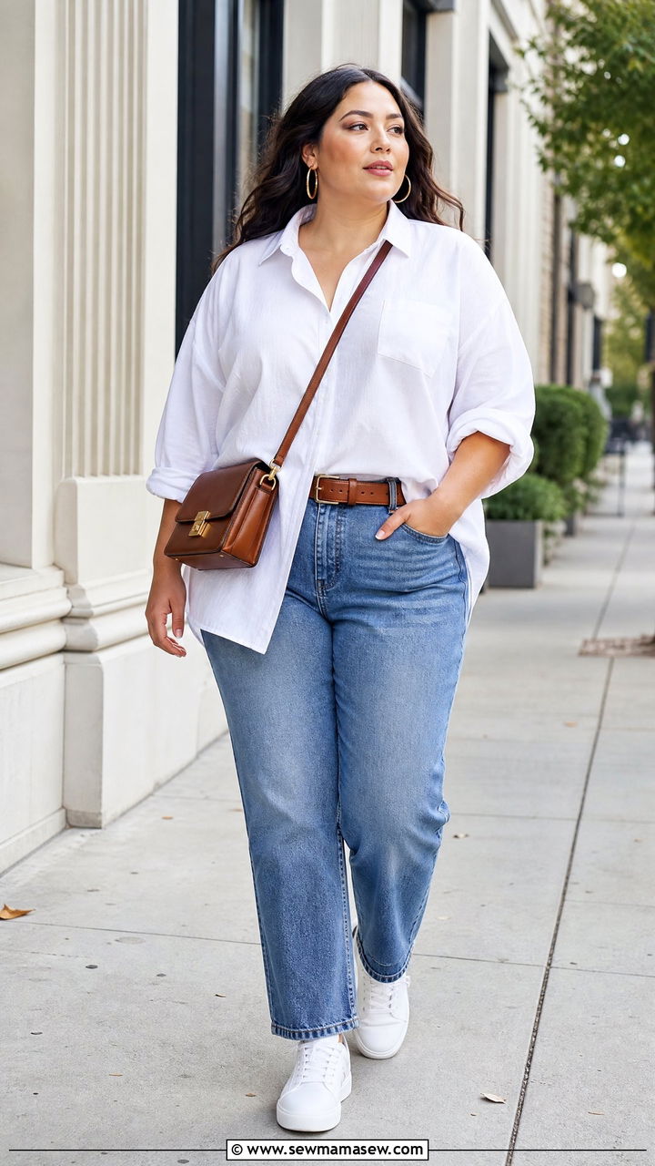 Plus Size Oversized White Shirt With Straight Leg Jeans - 20 plus size oversized shirt outfit ideas