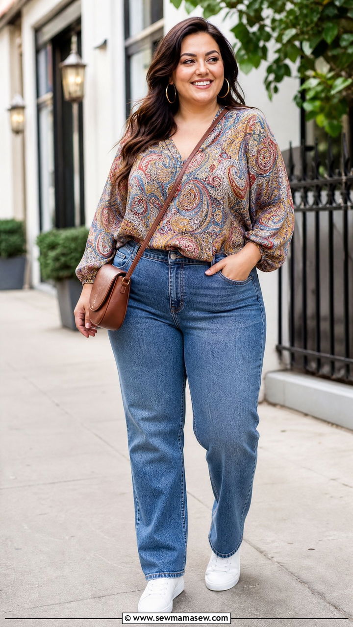 Plus Size Paisley Top With Straight Leg Jeans - 20 plus size paisley top outfit ideas