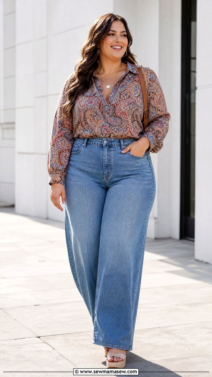 Plus Size Paisley Top With Wide Leg Jeans - 20 plus size paisley top outfit ideas
