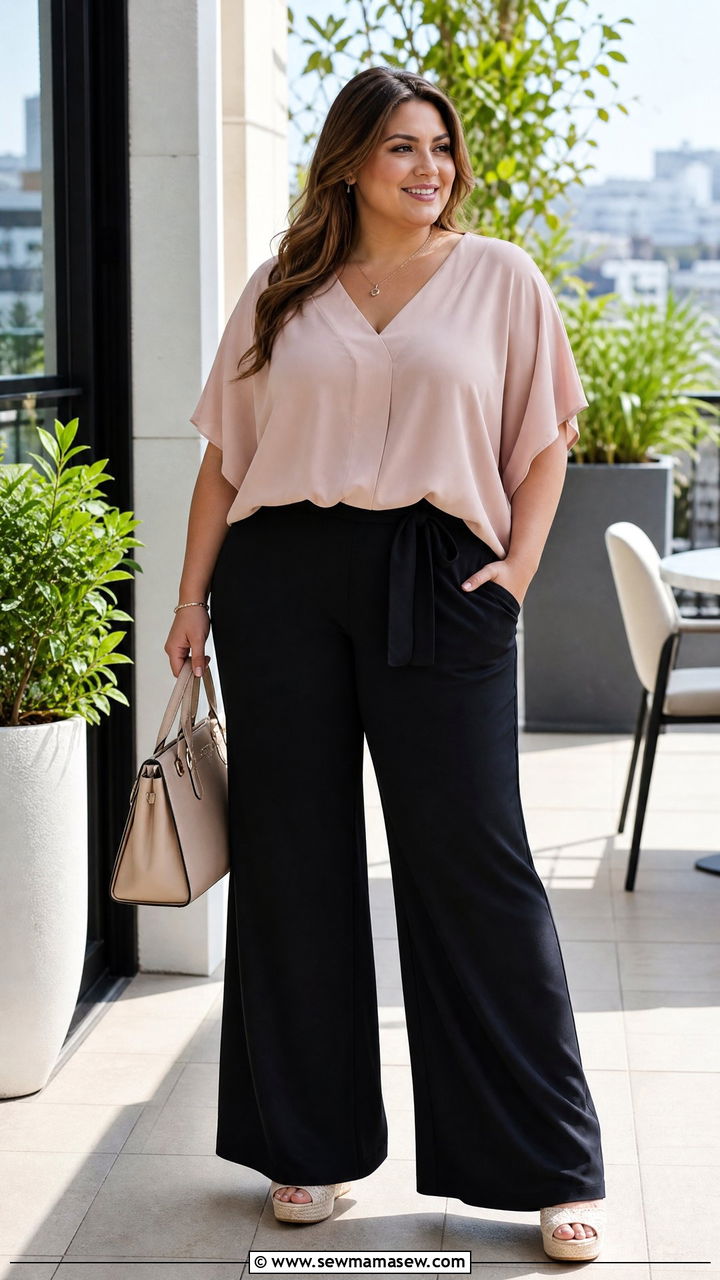 Plus Size Palazzo Pants And Flowy Blouse Outfit - 20 plus size outfits to hide tummy