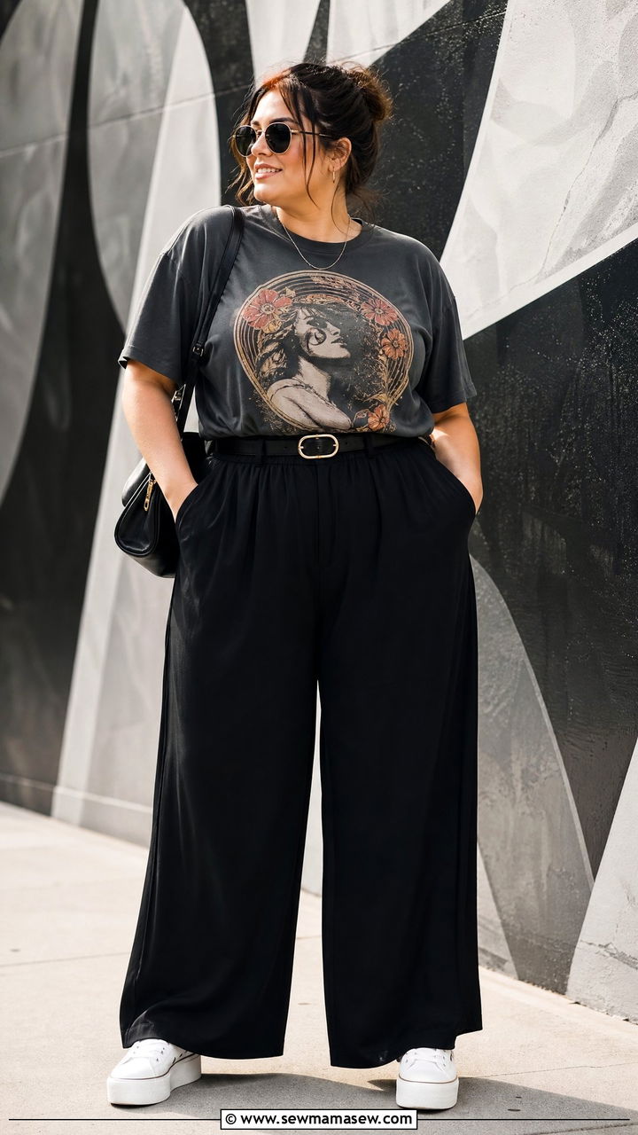 Plus Size Palazzo Pants With Graphic Tee - 20 plus size palazzo pants outfit ideas
