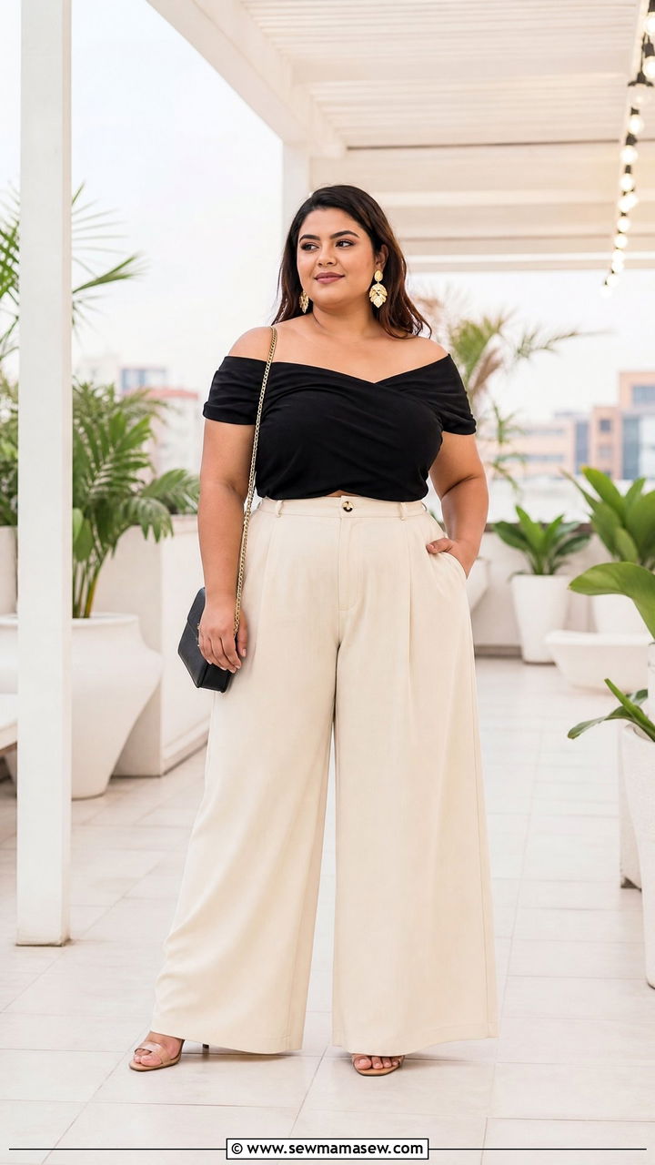 Plus Size Palazzo Pants With Off Shoulder Top - 20 plus size palazzo pants outfit ideas