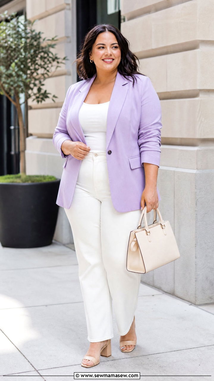 Plus Size Pastel Blazer And White Jeans Outfit - 20 plus size pastel outfit ideas